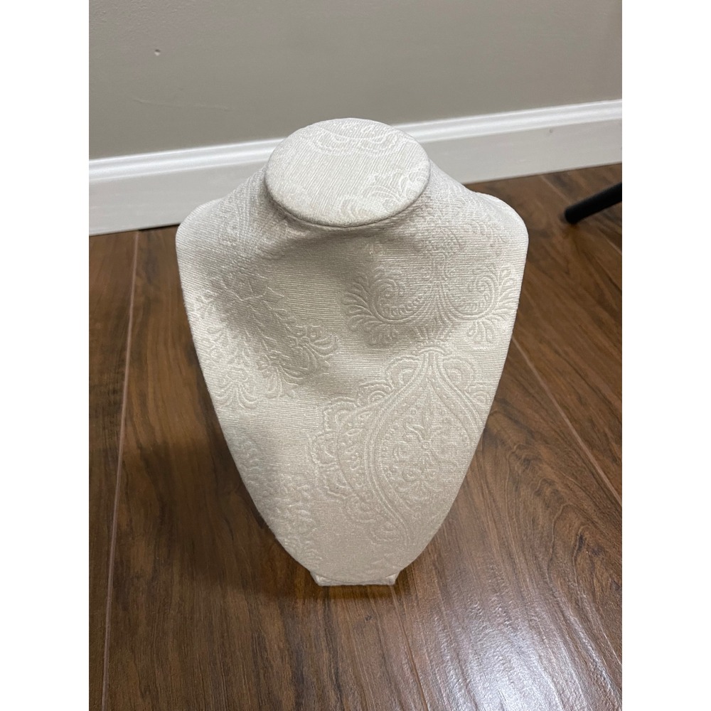 Cream Paisley Damask Fabric Necklace Display Bust Jewelry Stand Tabletop Holder
